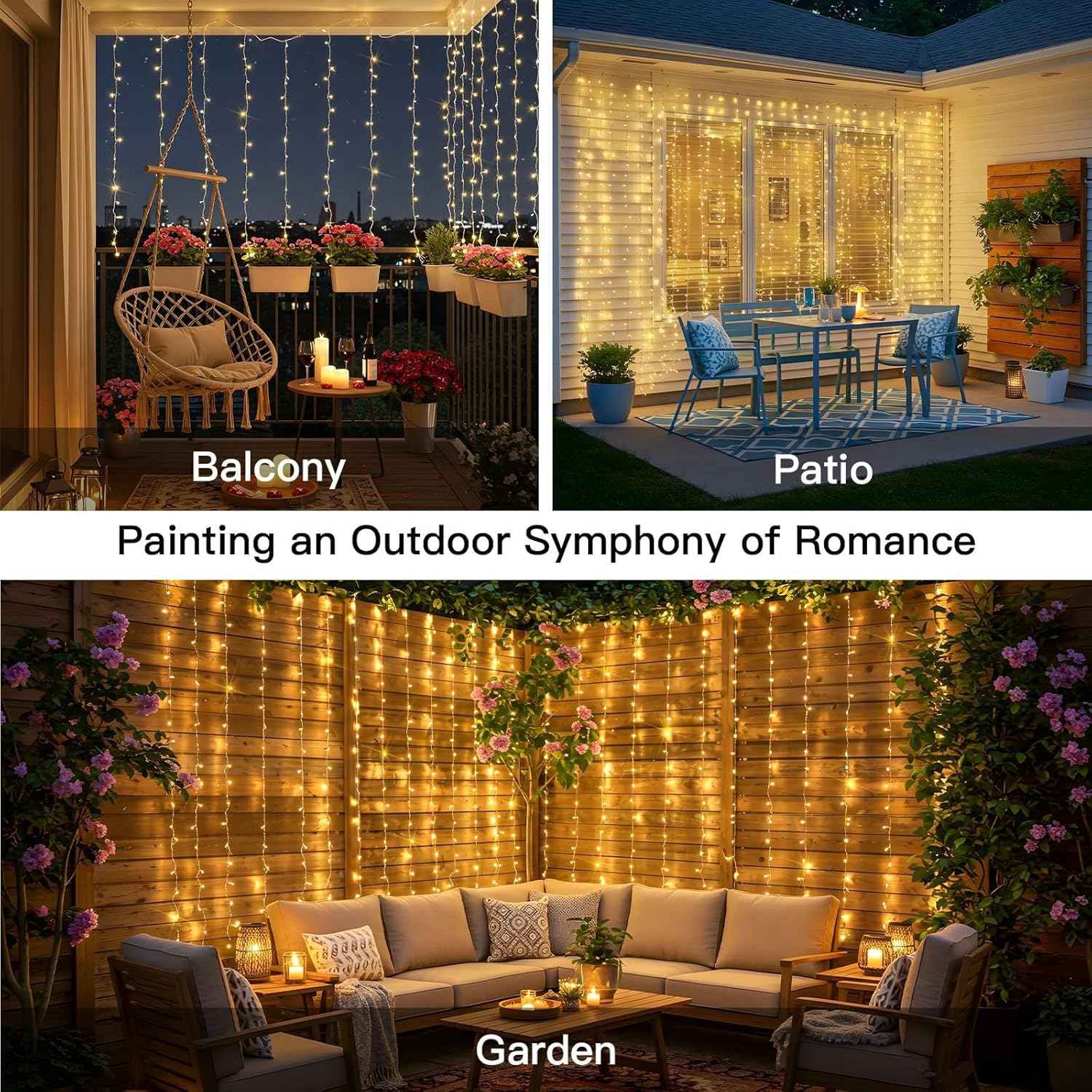 suddus Outdoor Curtain Lights for Patio and Garden – IP44 Waterproof 200 LED String with USB Power Bank Compatibility