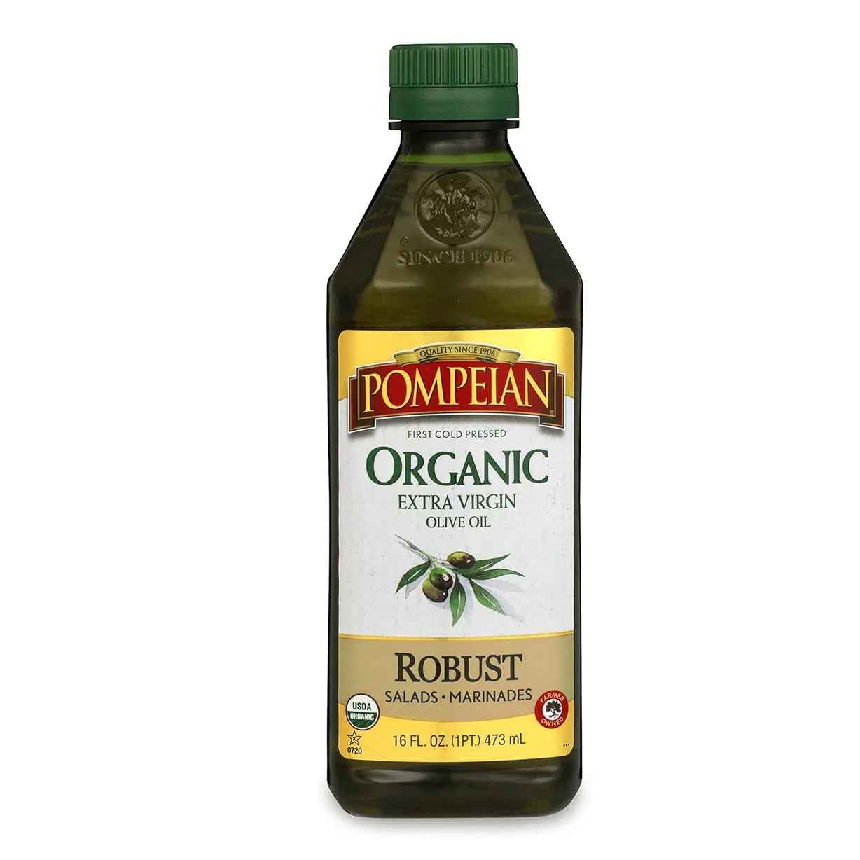 Pompeian USDA Organic Robust Extra Virgin Olive Oil – Clean-Label Pantry Staple for Minimalist Kitchens, First Cold Pressed 16 Fl Oz