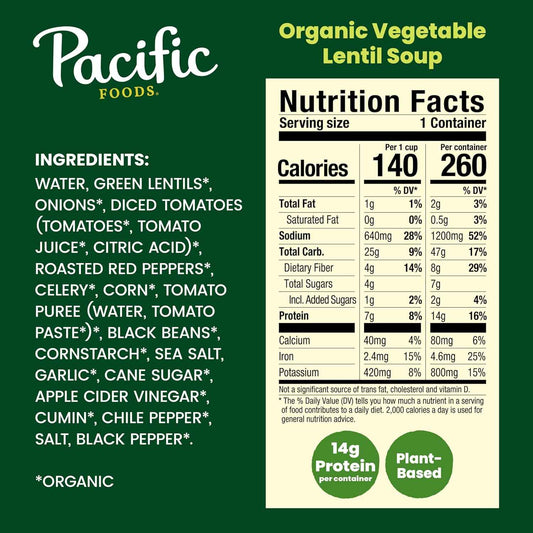 Pacific Foods Organic Vegetable Lentil Soup – Shelf-Stable Plant Protein for Camping Coolers and Trail Meals