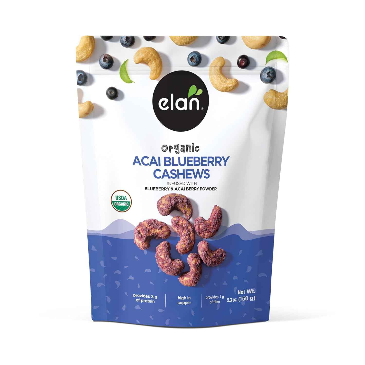 Elan Organic Acai Blueberry Cashews – Toddler Snack and Lunchbox Treat for Ages 2 and Up, 5.3 oz Allergen-Aware Family Bag