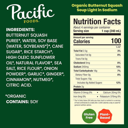 Pacific Foods Light in Sodium Organic Butternut Squash Soup – Clean-Label Pantry Staple, 32 oz Carton