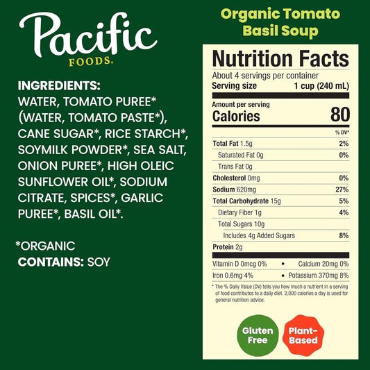Pacific Foods Organic Tomato Basil Soup, 32 oz Carton – Family-Size Organic Soup for Kid-Friendly Weeknight Dinners, Vegan