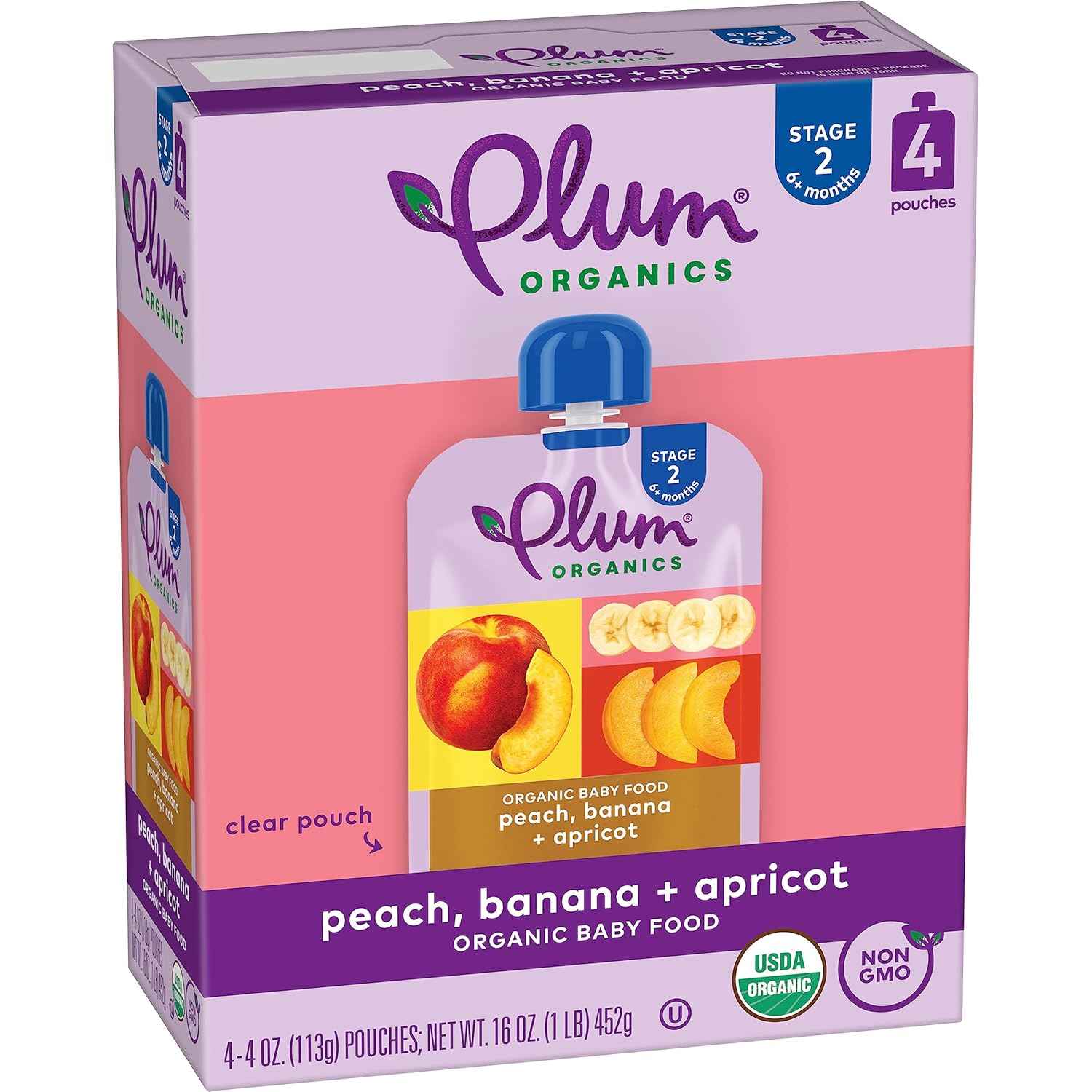 Plum Organics Organic Baby Food Pouches – USDA Certified Non-GMO Stage 2 Puree with Resealable Cap, 4 oz Safe Travel Pack of 4