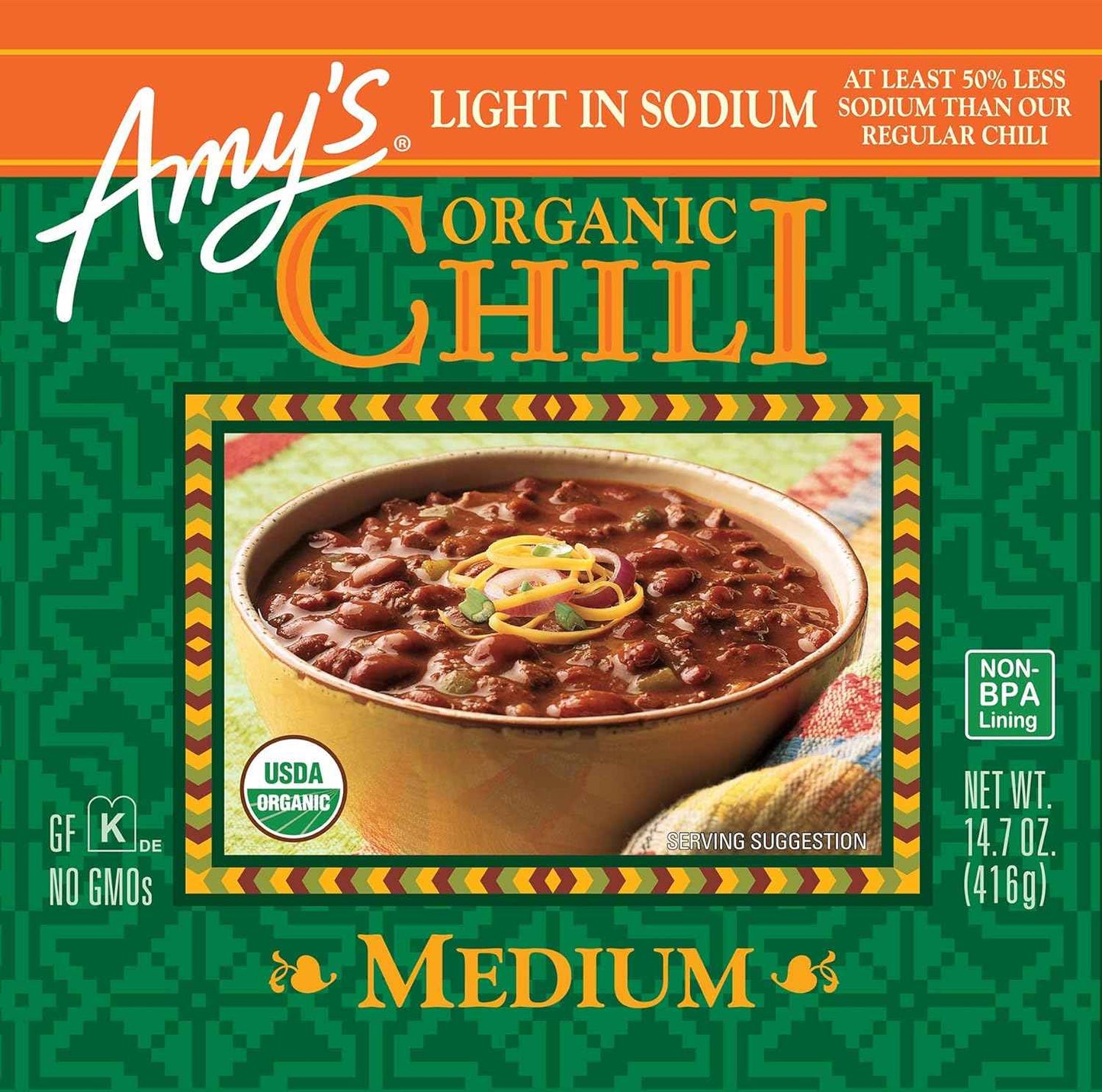 Amy's Medium Chili Reduced Sodium 14.7 oz – Family Safe Vegan Chili Busy Parents Trust for Quick Weeknight Meals