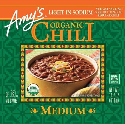 Amy's Medium Chili Reduced Sodium 14.7 oz – Family Safe Vegan Chili Busy Parents Trust for Quick Weeknight Meals