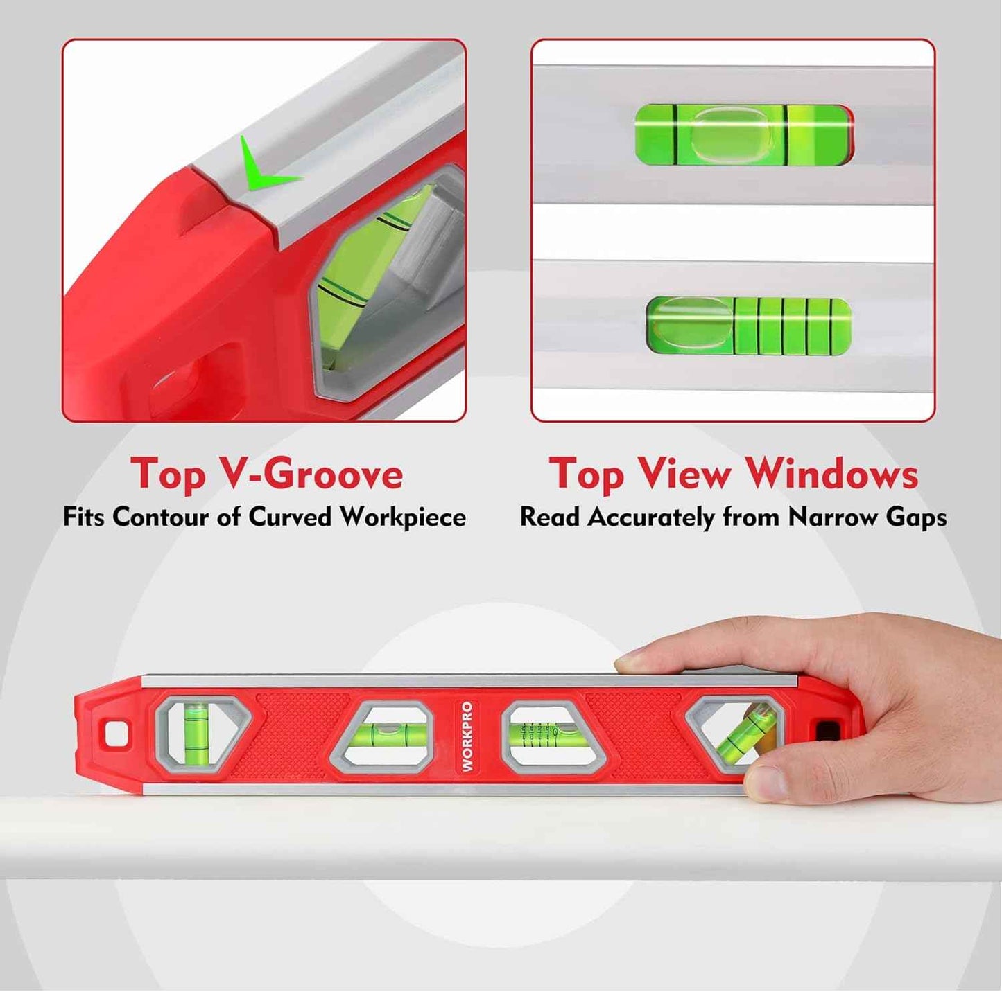 WORKPRO Compact Magnetic Torpedo Level - 12 Inch V-Groove Leveler for One-Person Shelf and Cabinet Installs