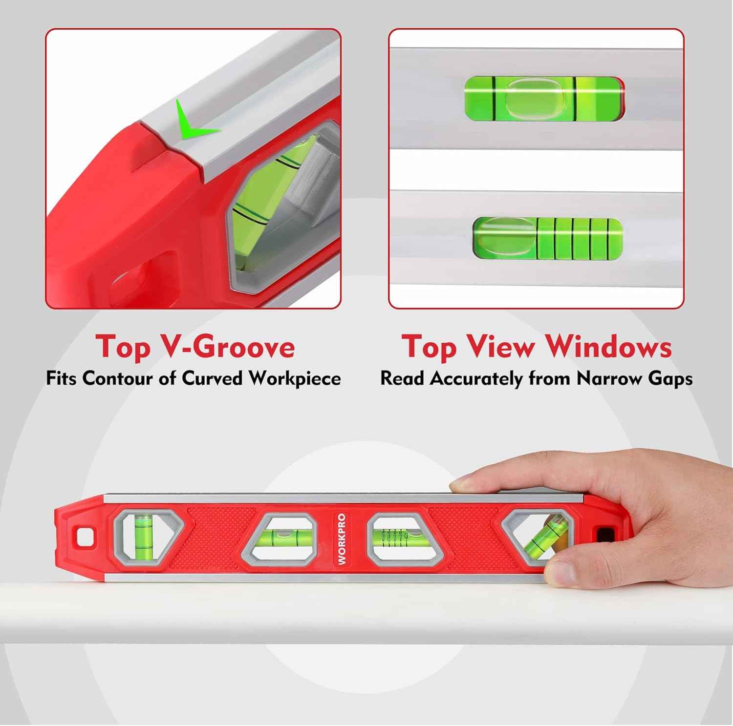 WORKPRO Compact Magnetic Torpedo Level - 12 Inch V-Groove Leveler for One-Person Shelf and Cabinet Installs