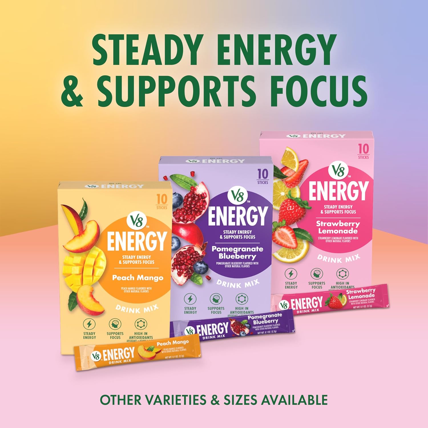 V8 Energy Strawberry Lemonade Energy Drink Powder for Desk and Commute, 10 Calorie Single Serve Sticks