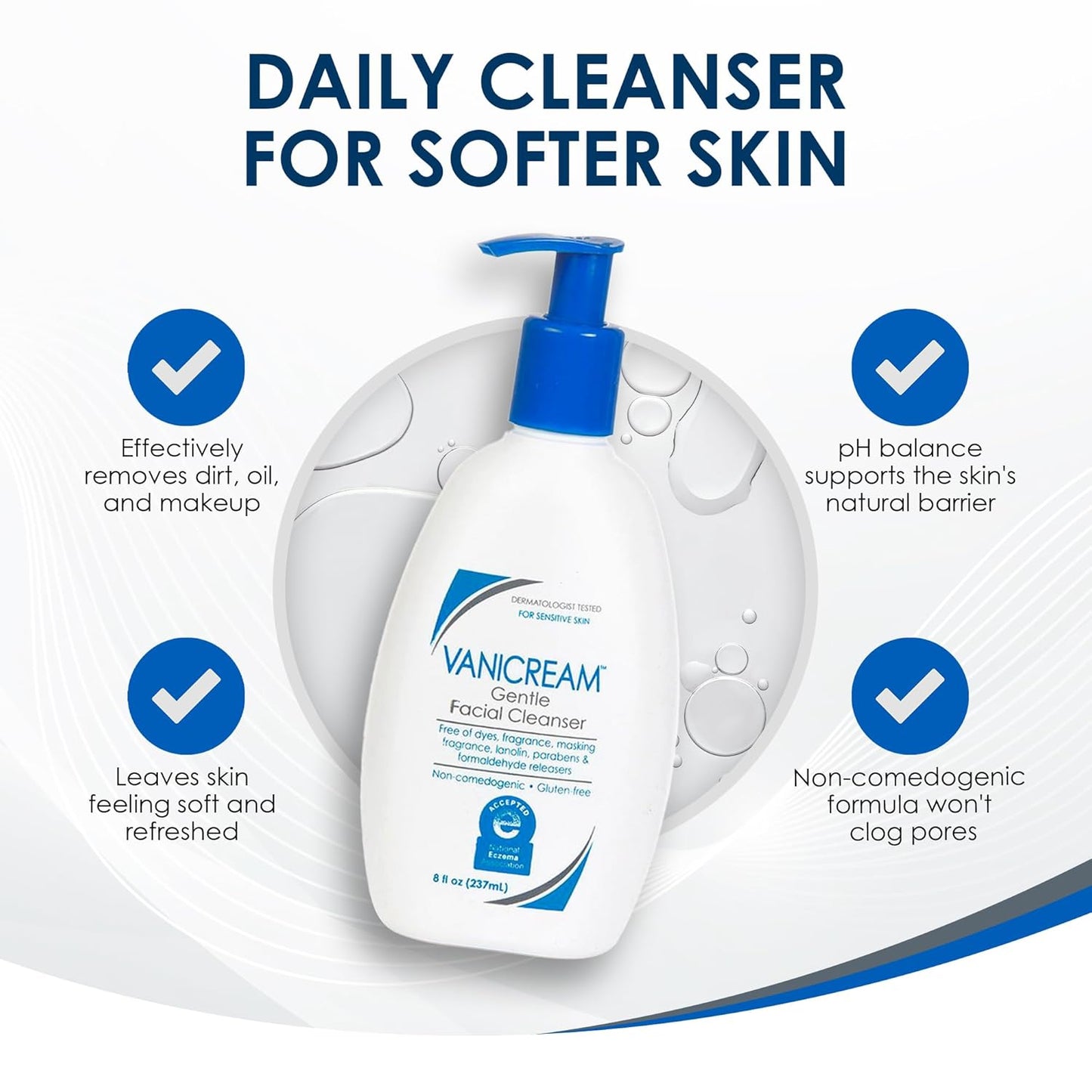 Vanicream Gentle Facial Cleanser with Pump – Sensitive Skin Daily Wash for Calming Nighttime Skincare Ritual