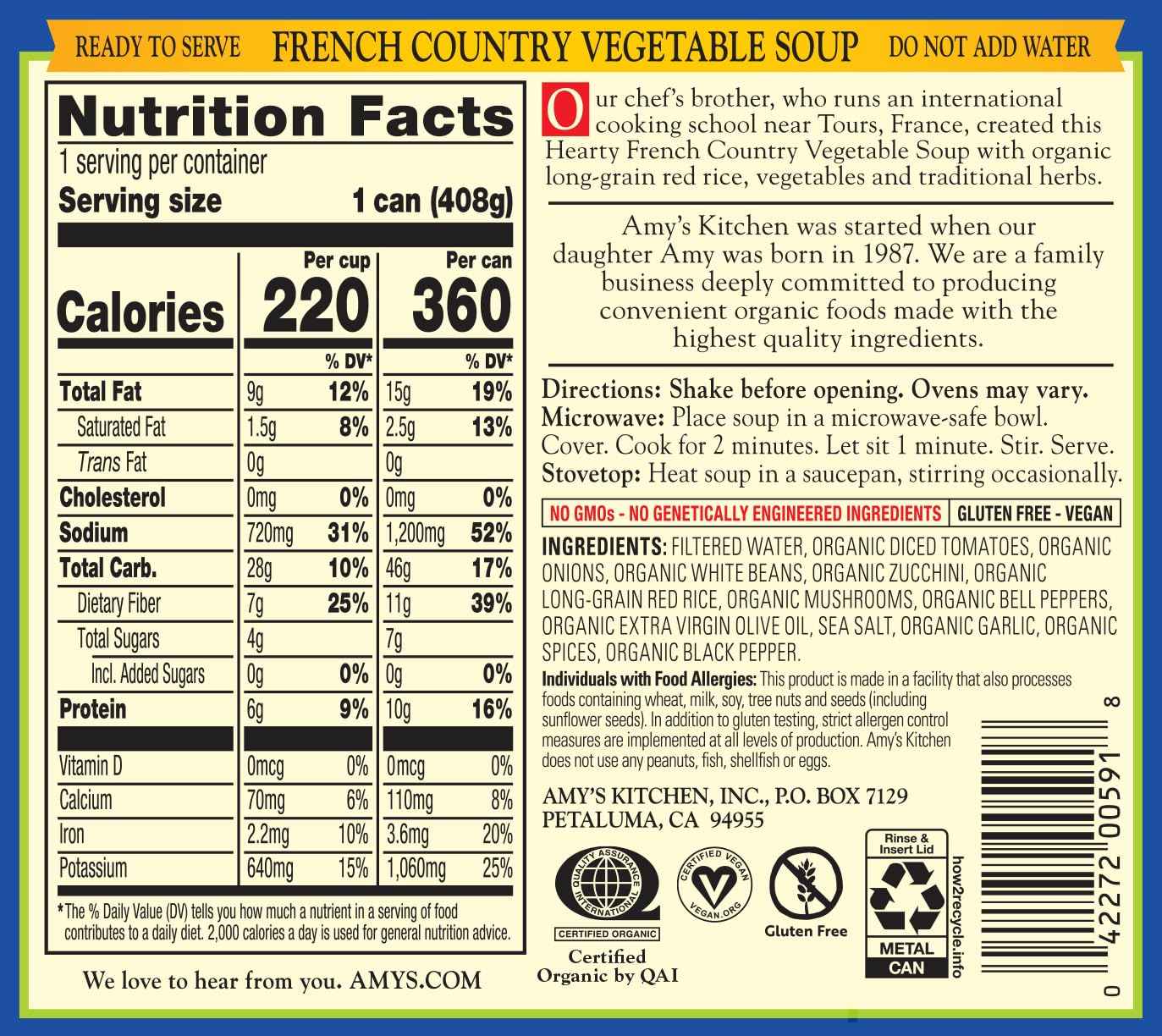 Amy's Kitchen Organic Gluten Free French Country Soup – Kid Approved Plant Based Meal for Lunchbox and Dinner Table