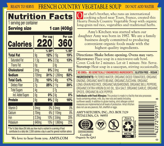 Amy's Kitchen Organic Gluten Free French Country Soup – Kid Approved Plant Based Meal for Lunchbox and Dinner Table