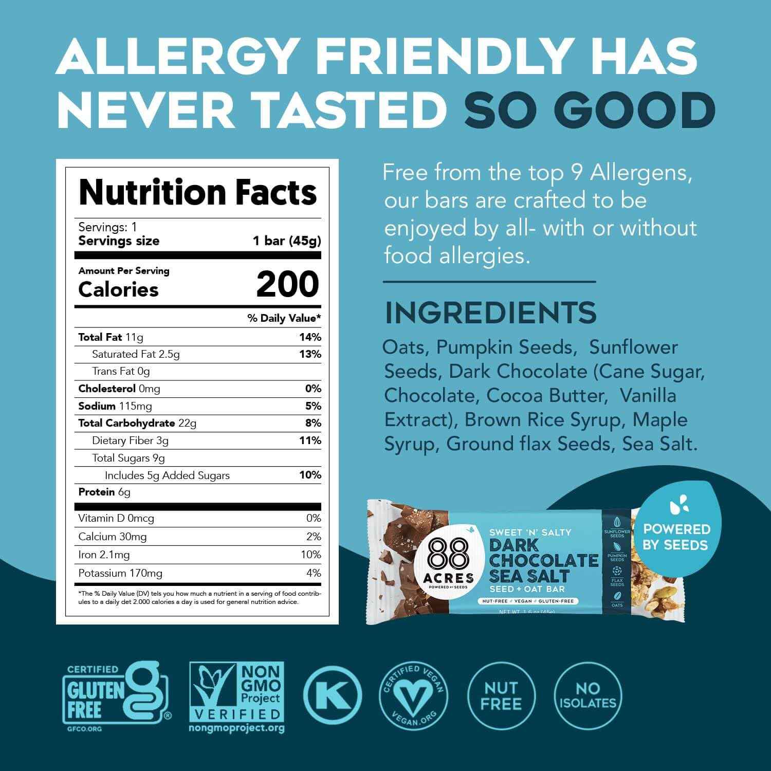 88 Acres Dark Chocolate Sea Salt Seed Bar – Safe Classroom Treat for Allergy-Prone Kids, Pack of 2