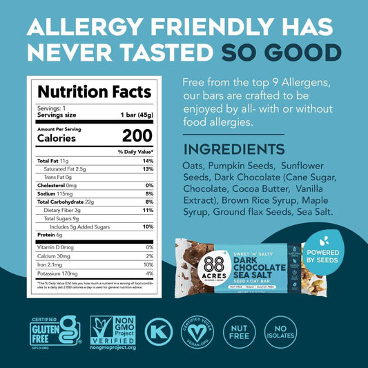 88 Acres Dark Chocolate Sea Salt Seed Bar – Safe Classroom Treat for Allergy-Prone Kids, Pack of 2