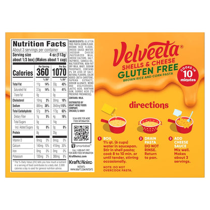 Velveeta Gluten Free Shells & Cheese, Safe School Lunch for Celiac Kids, 12 oz Box