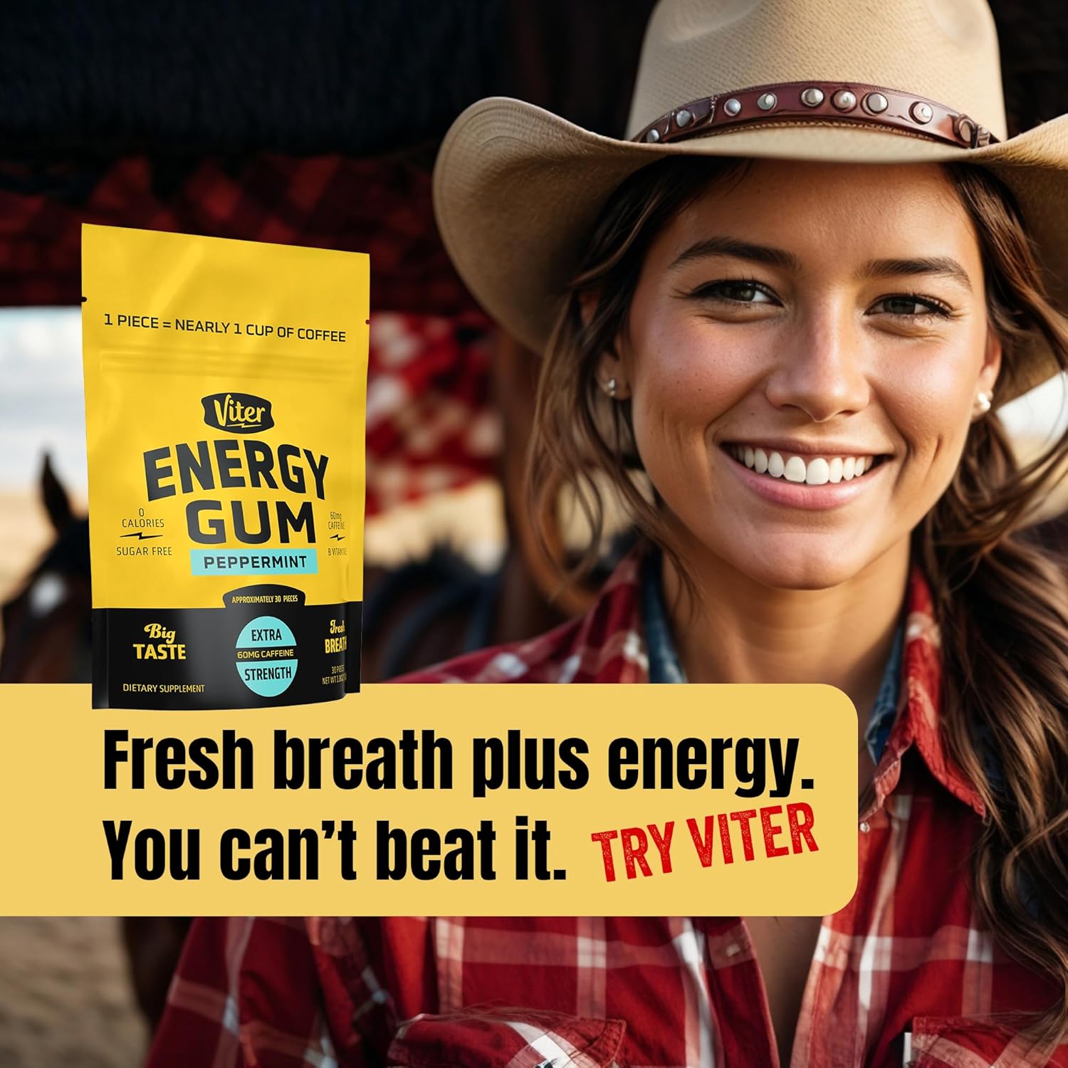 Viter Energy Caffeine Peppermint Chews – Steady Pre-Workout Focus for Meetings and Home Office, Zero Calorie