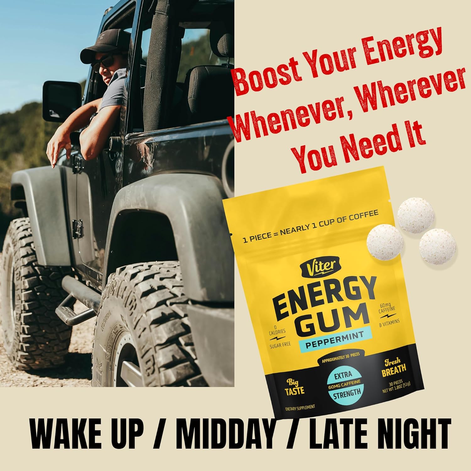 Viter Energy Caffeine Peppermint Chews – Steady Pre-Workout Focus for Meetings and Home Office, Zero Calorie