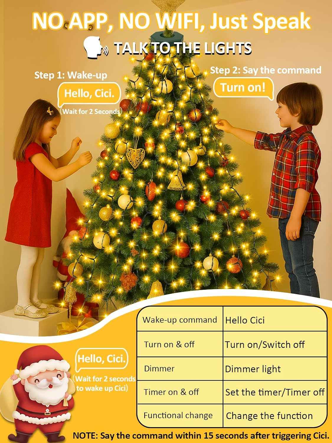 Cascadia Lights Child-Safe Voice-Activated Christmas Tree Lights for Family Living Room, Cool-to-Touch LED Waterfall Lights with 6h Auto Shutoff