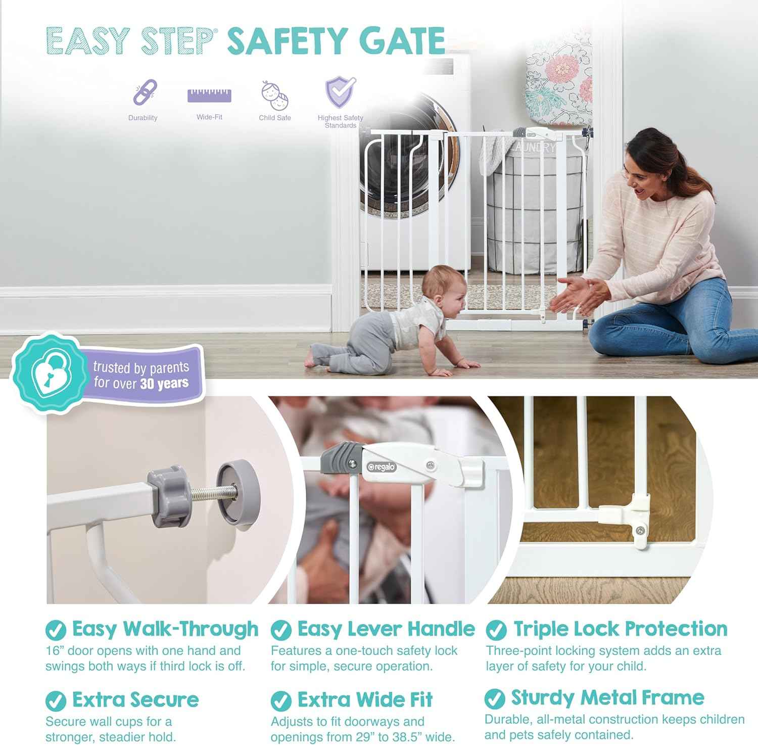 Regalo Baby Gate with Door – Thoughtful Baby Shower Gift for New Parents, Pressure Mounted Safety Gate for Stairs and Doorways