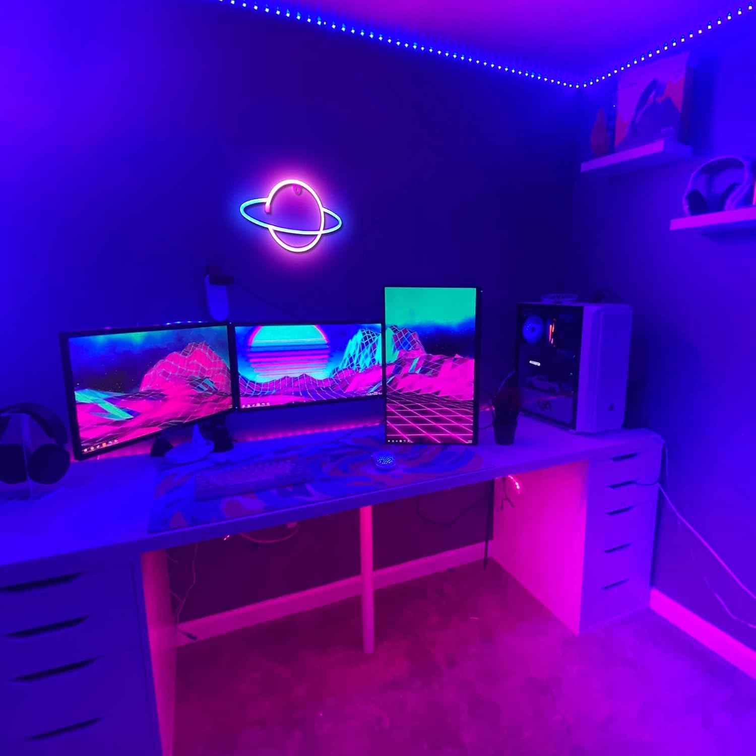 Lumoonosity Planet Neon Sign - Child Friendly LED Night Light for Kids Bedroom and Playroom, Cool Touch Saturn Wall Decor, USB Powered with On/Off Switch