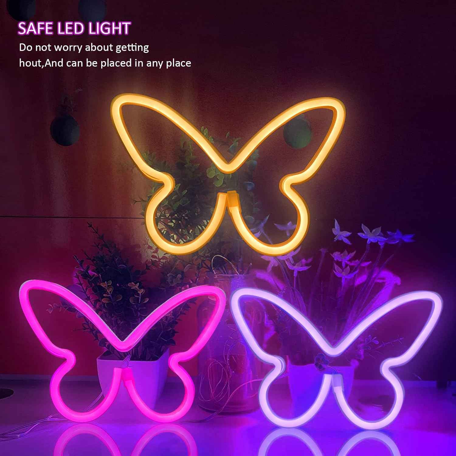 BRIGHTDECK 3-Piece Butterfly Neon Wall Art – Soft Glow Living Room and Dorm Room Decoration, Battery or USB Powered Accent Lighting