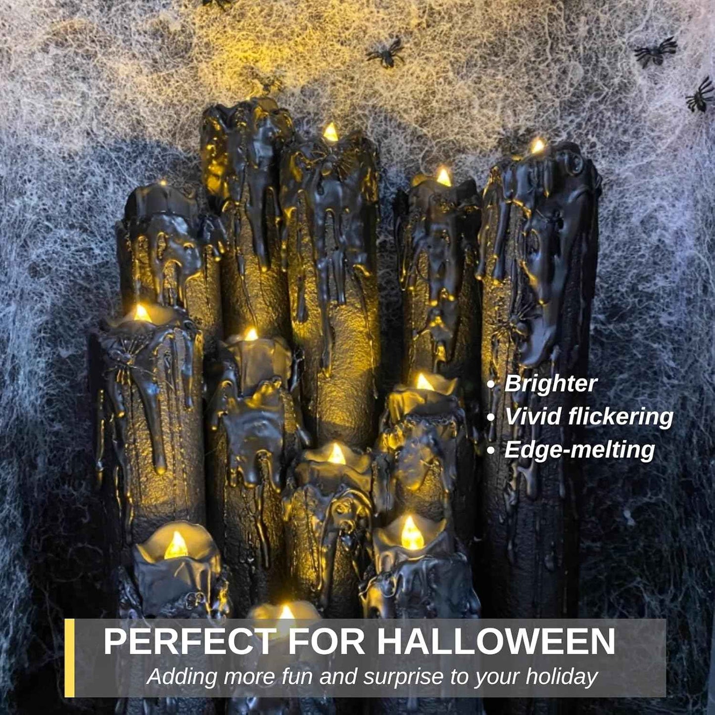 Homemory Flameless LED Tea Lights – Drip Style Black Halloween Candles, Smokeless & Fire-Safe for Homes with Kids and Pets