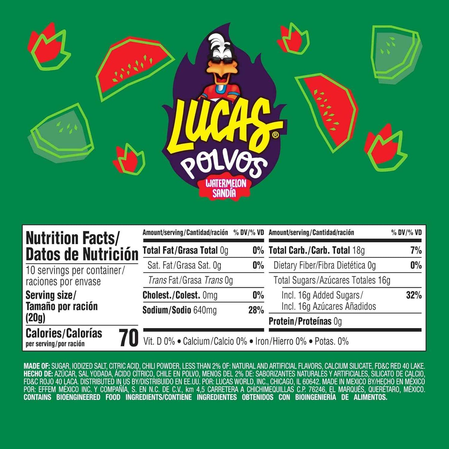Lucas Powder Watermelon Flavored Candy – Portable Snack for Road Trips, Camping, and Park Picnics, 10 Pack of 0.71oz Bottles