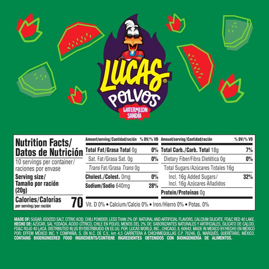 Lucas Powder Watermelon Flavored Candy – Portable Snack for Road Trips, Camping, and Park Picnics, 10 Pack of 0.71oz Bottles
