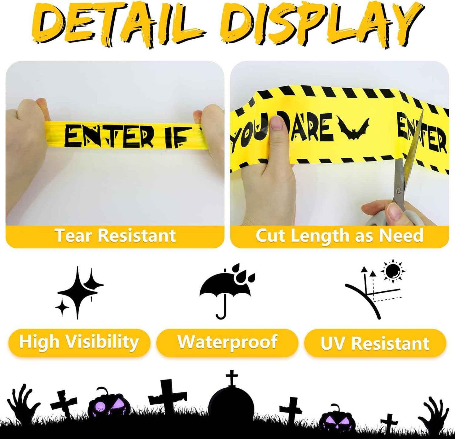 HauntHouse Halloween Caution Tape – Weatherproof Barrier for Patio, Driveway, and Walkway Marking