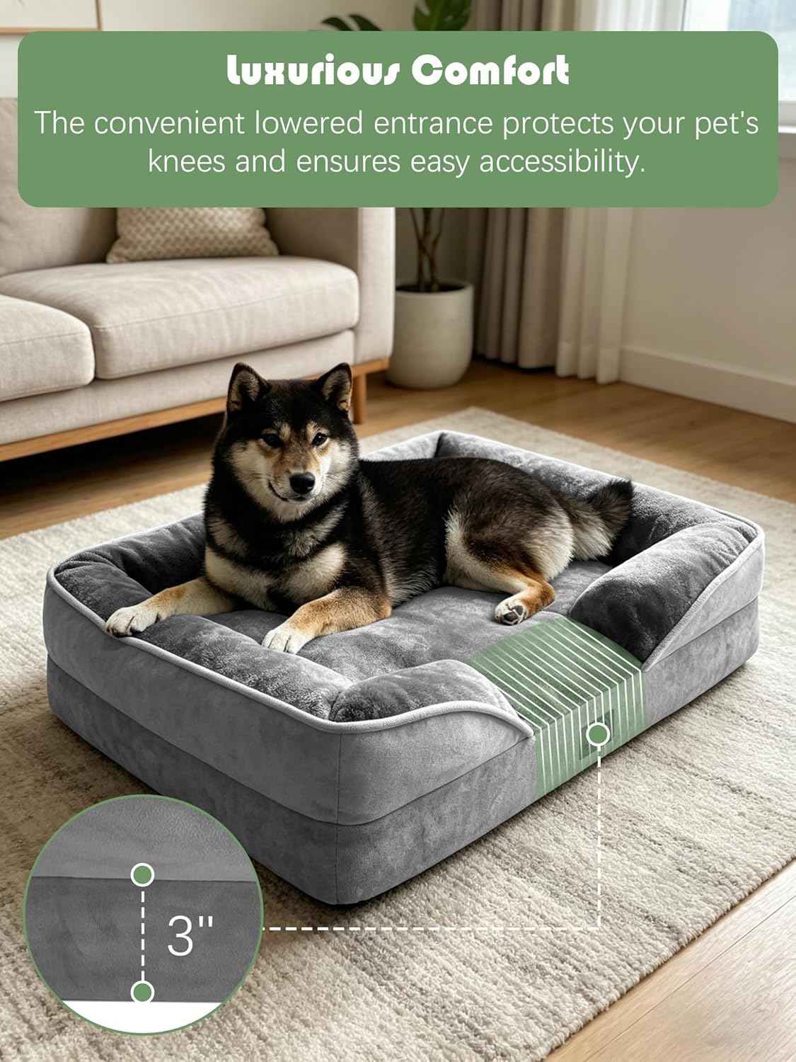 Ksiia Plush Bolster Dog Sofa – Living Room Accent Piece in Grey, Washable Orthopedic Couch for Medium Pets