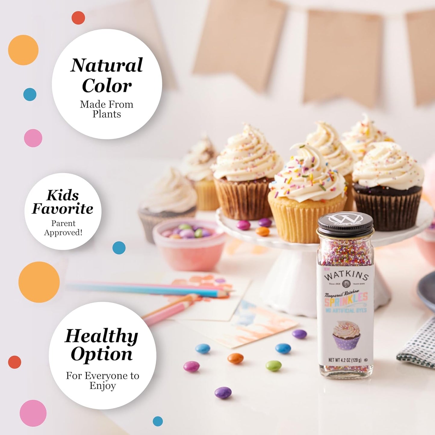Watkins Gourmet Rainbow Nonpareils Sprinkles – Single Glass Jar of Naturally Colored Topping for Intentional Home Baking