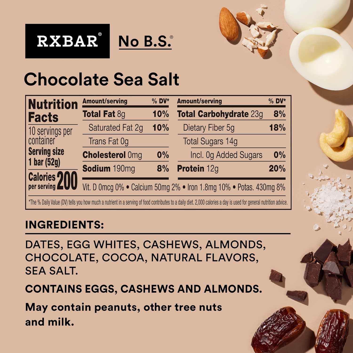 RXBAR Chocolate Sea Salt Protein Bars – Clean-Ingredient Snack for Mindful Wellness Routines, 10-Count Box