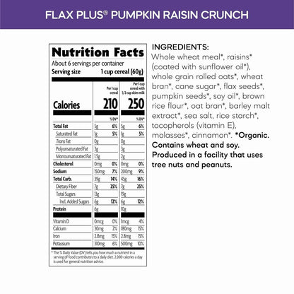 Nature's Path Organic Flax Plus Pumpkin Raisin Crunch Cereal – Simple Organic Cereal for Clutter Free Kitchens, Clean Ingredient Plant Based Bowl