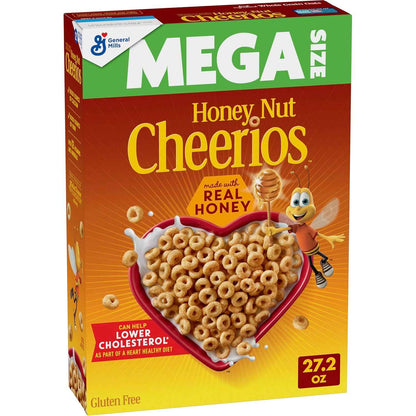 Honey Nut Cheerios, Gluten Free Kids Breakfast Cereal with Whole Grain Oats, Mega Size 27.2 oz Family Box for School Lunchbox