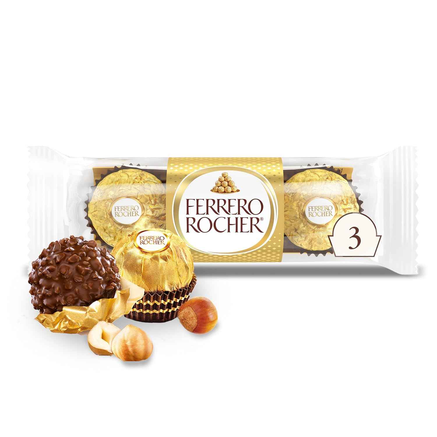 Ferrero Rocher Hazelnut Chocolates – Elegant Birthday Gift for Her and Him, Individually Wrapped 3-Count Box