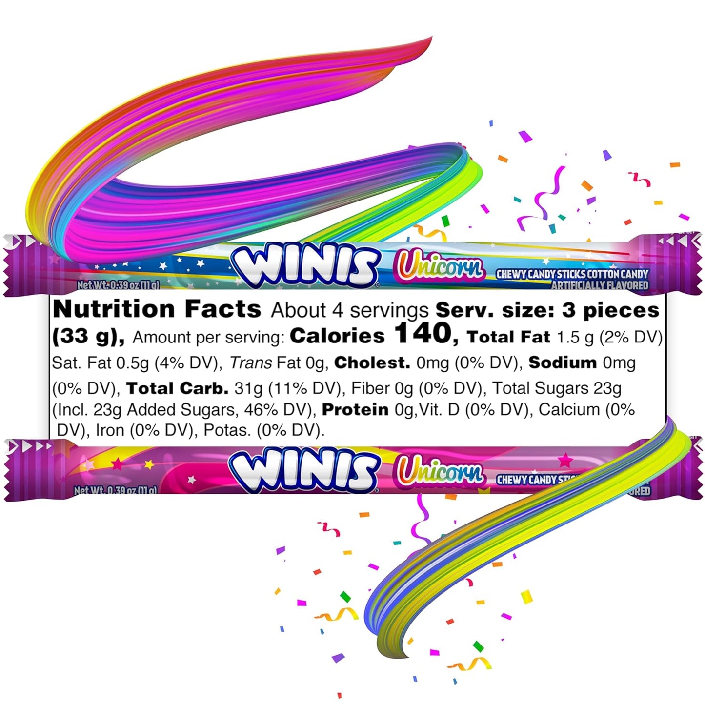 Winis Unicorn Cotton Candy Chewy Candy Sticks – Parent-Approved Taffy Treat for School Parties, Birthday Goody Bags, and After-School Snacking | 11 Individually Wrapped Pieces, Nut Free