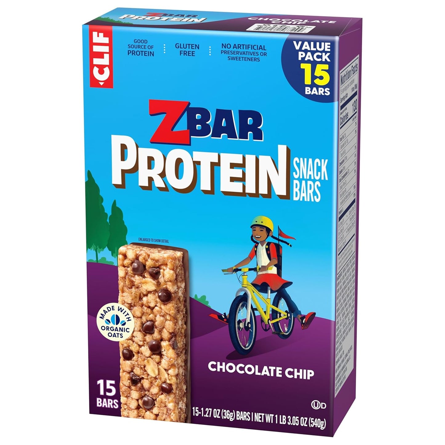 Zbar Protein Chocolate Chip Bars - Clean Label Kids Snack with Organic Oats and No Artificial Preservatives, 5g Protein (15 Pack)