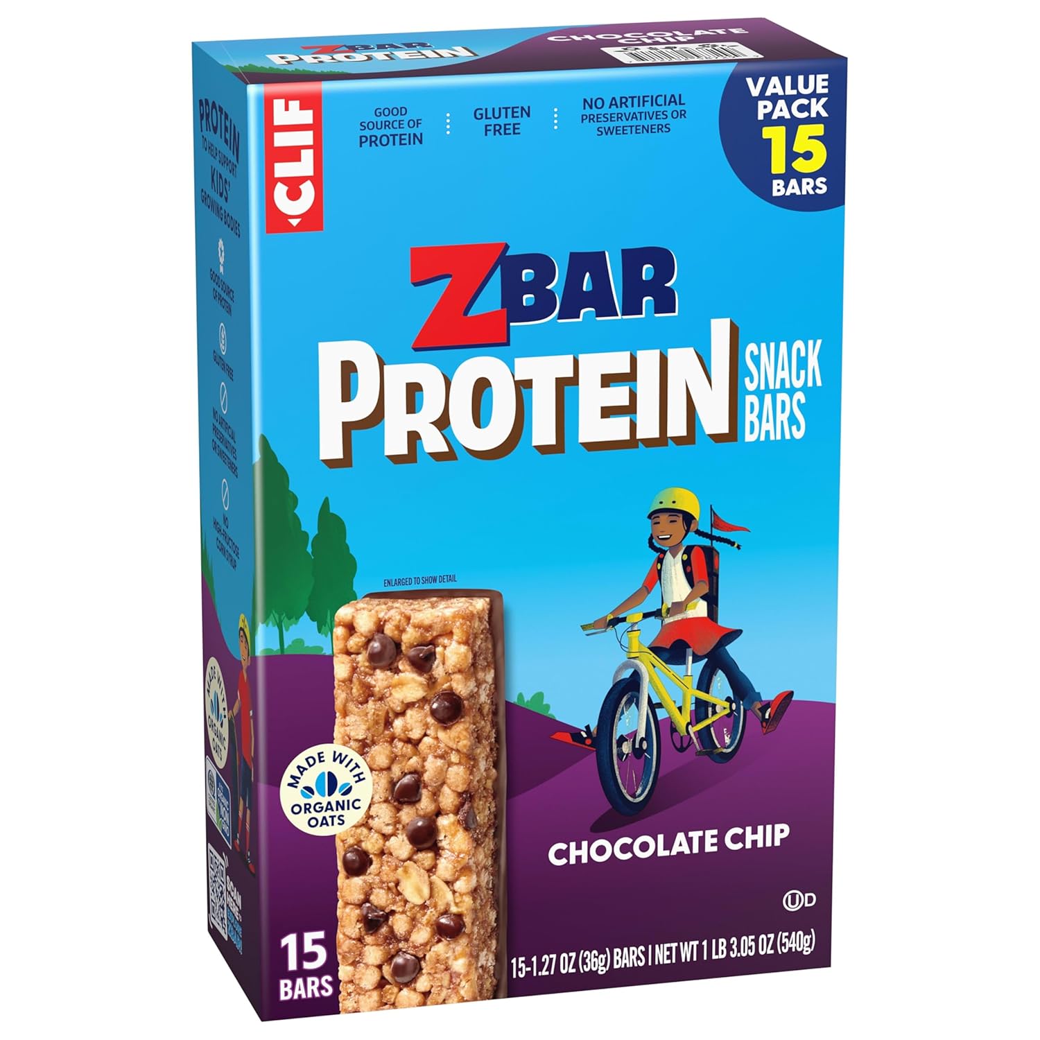 Zbar Protein Chocolate Chip Bars - Clean Label Kids Snack with Organic Oats and No Artificial Preservatives, 5g Protein (15 Pack)