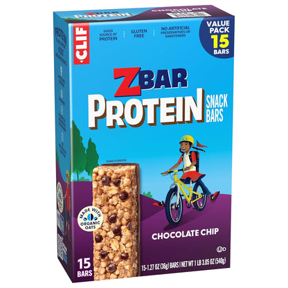 Zbar Protein Chocolate Chip Bars - Clean Label Kids Snack with Organic Oats and No Artificial Preservatives, 5g Protein (15 Pack)
