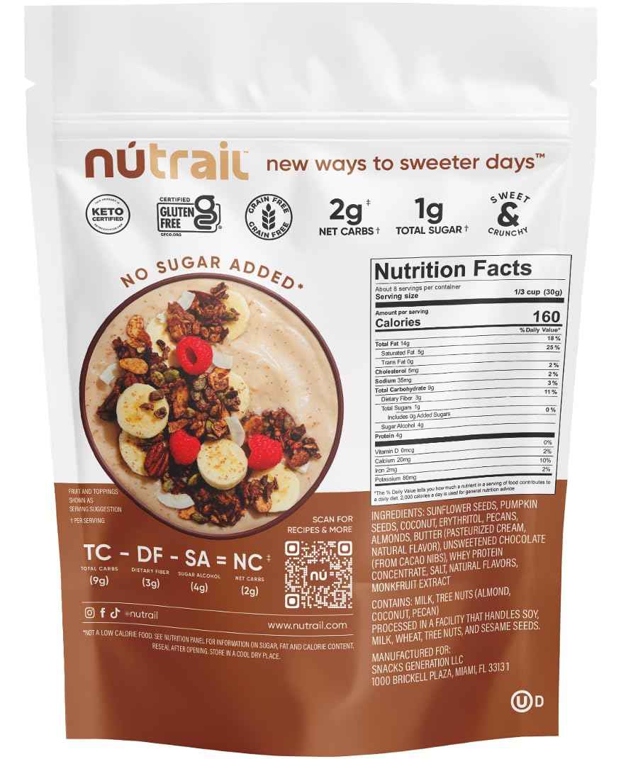 NuTrail Dark Chocolate Granola – Lunchbox Safe Low-Carb Cereal for Gluten Free Kids, No Sugar Added 8 oz