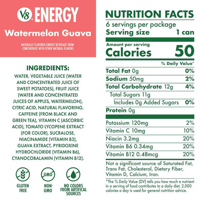 V8 +Energy Less Is More Energy Drink – Tea Caffeine, Zero Added Sugar and a Short Ingredient List for Intentional Eaters, 24 Pack