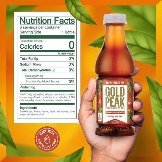 Gold Peak Unsweet Tea – Calorie-Free Hydration for Daily Wellness Routines, 16.9 fl oz 6 Pack