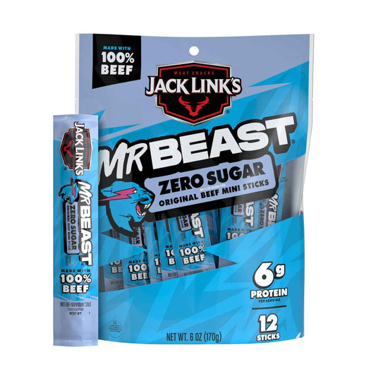 Jack Link's x MrBeast Zero Sugar Mini Beef Sticks – 6g Protein School Lunchbox Snack for Kids, 12 Individually Wrapped Sticks