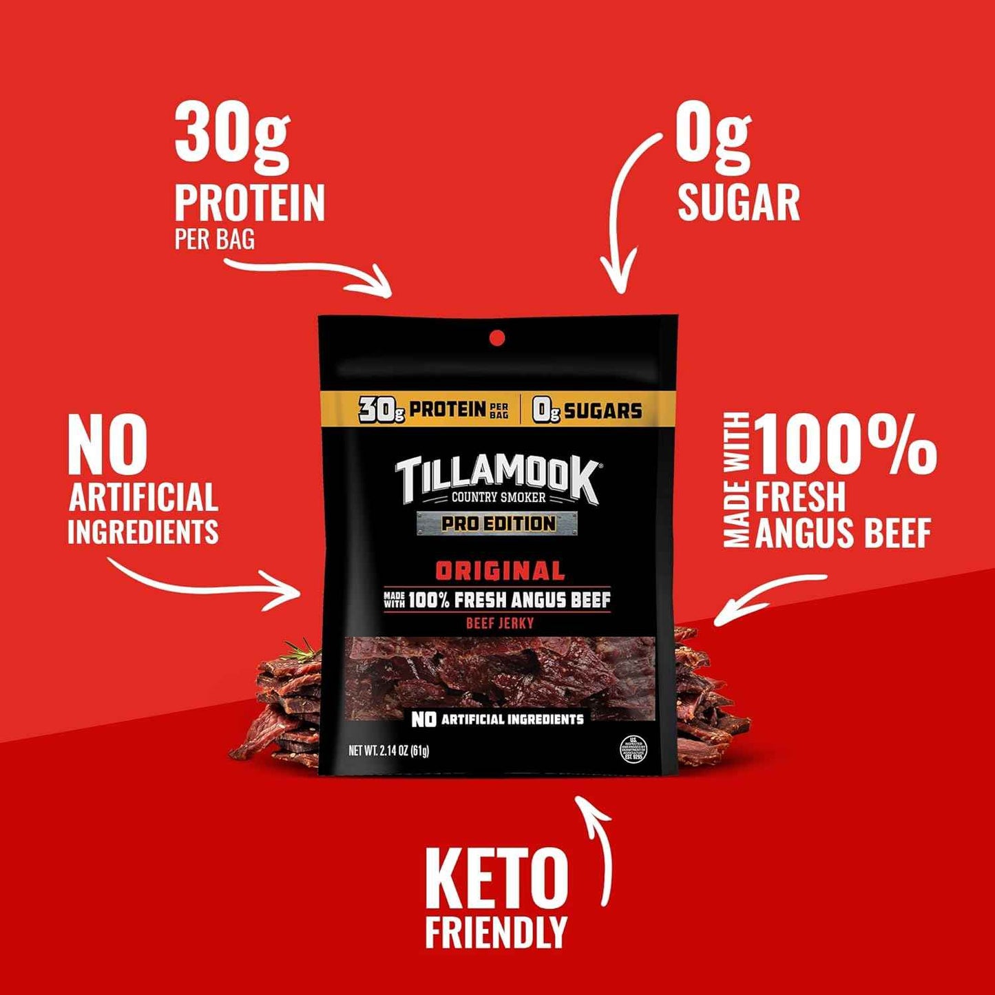 Tillamook Country Smoker PRO Edition Beef Jerky, Real Hardwood Smoked Angus, 2.14 Oz Gluten Free Low Carb Snack for Macro-Tracking and Mindful Nutrition